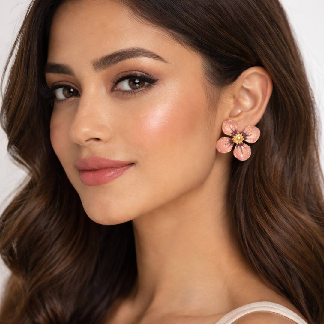 Pink Bloom Anti-Tarnish Enamel Statement Stud Earrings – Pack of 1 Pair