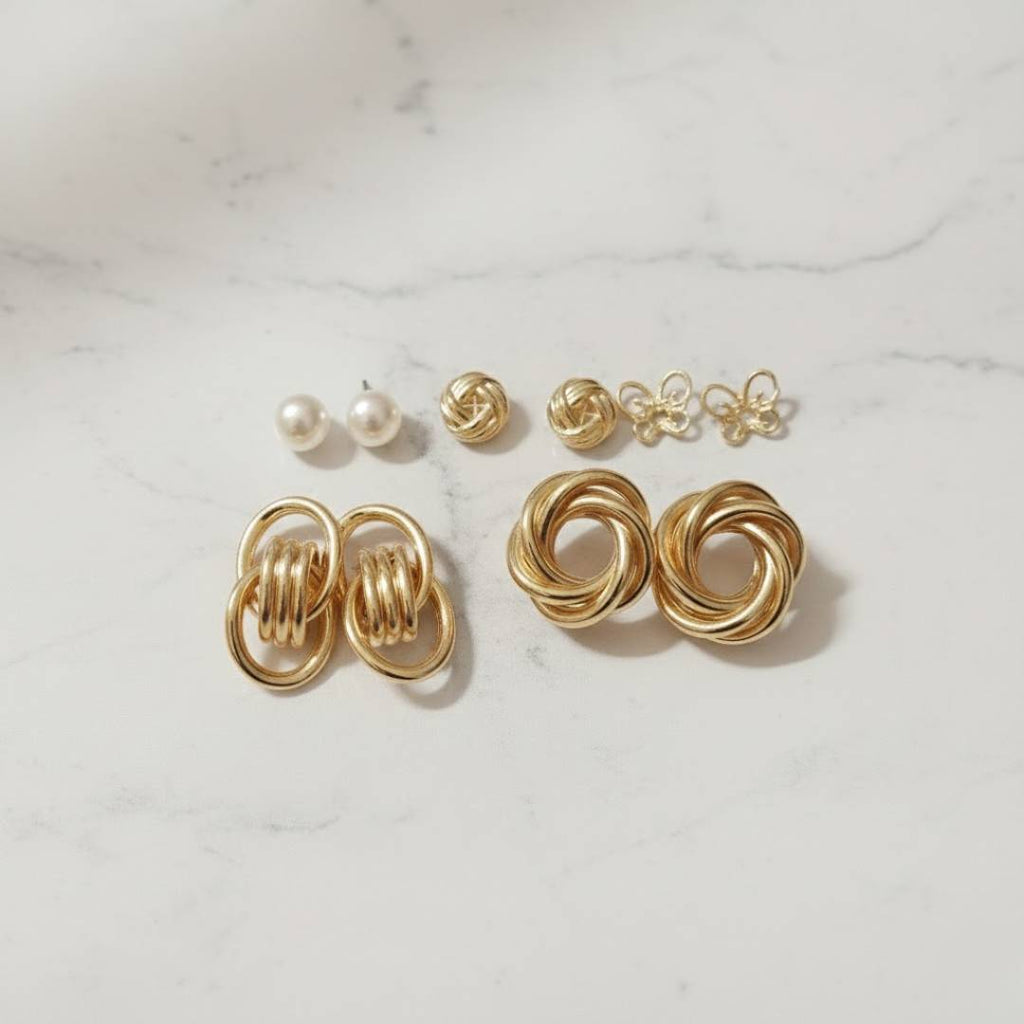 Golden Spiral Stud Earrings Combo – Pack of 5 Pairs