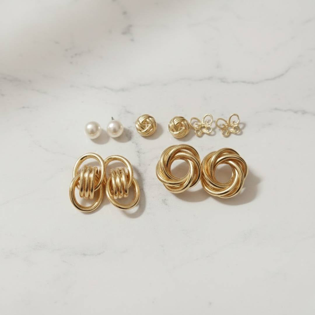 Golden Spiral Stud Earrings Combo – Pack of 5 Pairs