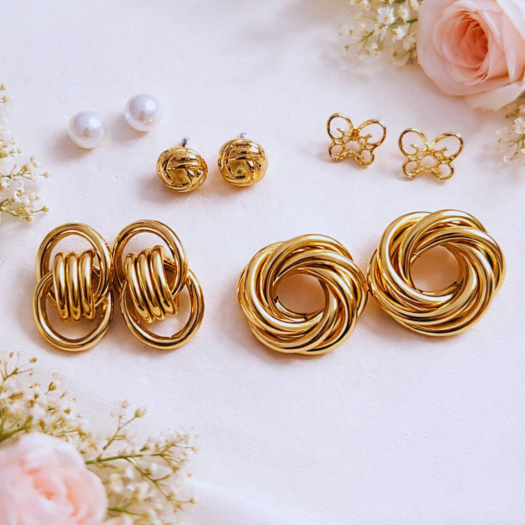 Golden Spiral Stud Earrings Combo – Pack of 5 Pairs