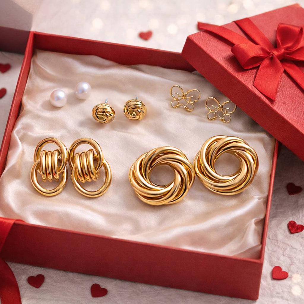 Golden Spiral Stud Earrings Combo – Pack of 5 Pairs