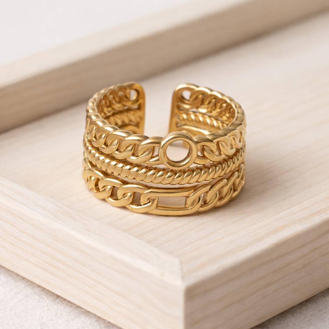 Antique Gold-Tone Layered Chain Adjustable Ring – Anti-Tarnish | Pack of 1
