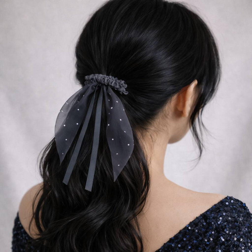 Slim Bow Organza Scrunchies with Shimmer Tails – Pack of 12