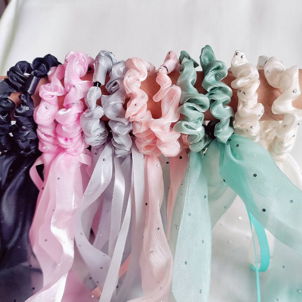 Slim Bow Organza Scrunchies with Shimmer Tails – Pack of 12
