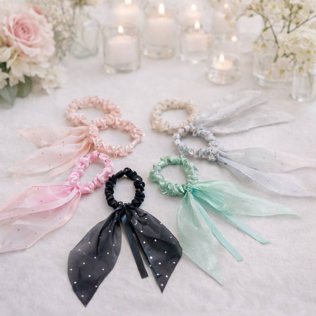 Slim Bow Organza Scrunchies with Shimmer Tails – Pack of 12