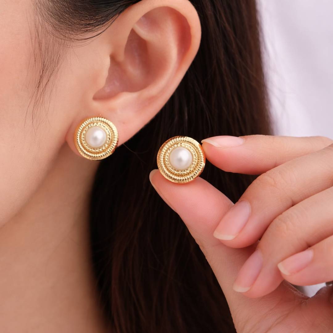 Golden Pearl Orbit Stud Earrings for Women – Pack of 1 Pair