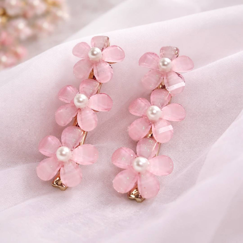 Pink Floral Pearl Hair Clips for Women – Pack of 2