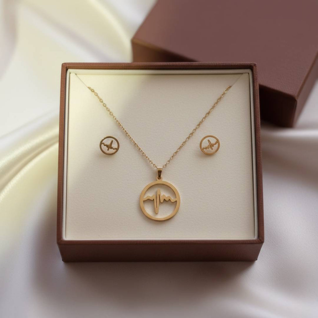 Heartbeat Circle Anti-Tarnish Pendant & Stud Earrings Combo – Set of 2