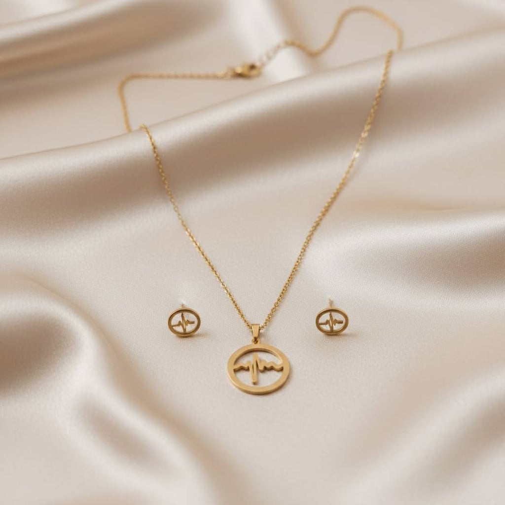 Heartbeat Circle Anti-Tarnish Pendant & Stud Earrings Combo – Set of 2
