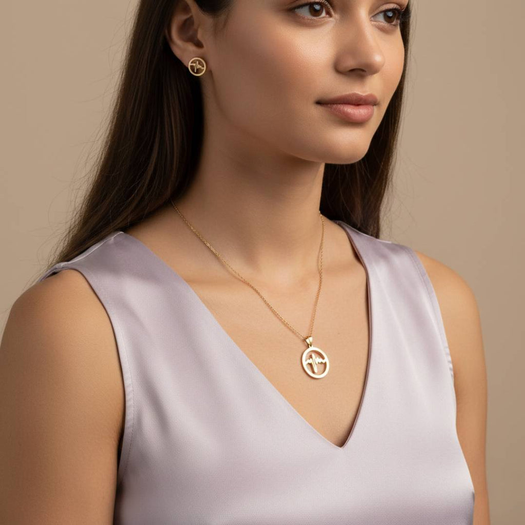 Heartbeat Circle Anti-Tarnish Pendant & Stud Earrings Combo – Set of 2