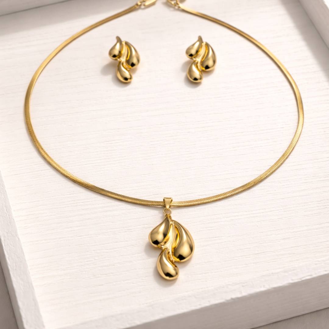 Liquid Gold Drop Anti-Tarnish Pendant Necklace & Stud Earrings Combo – Set of 2