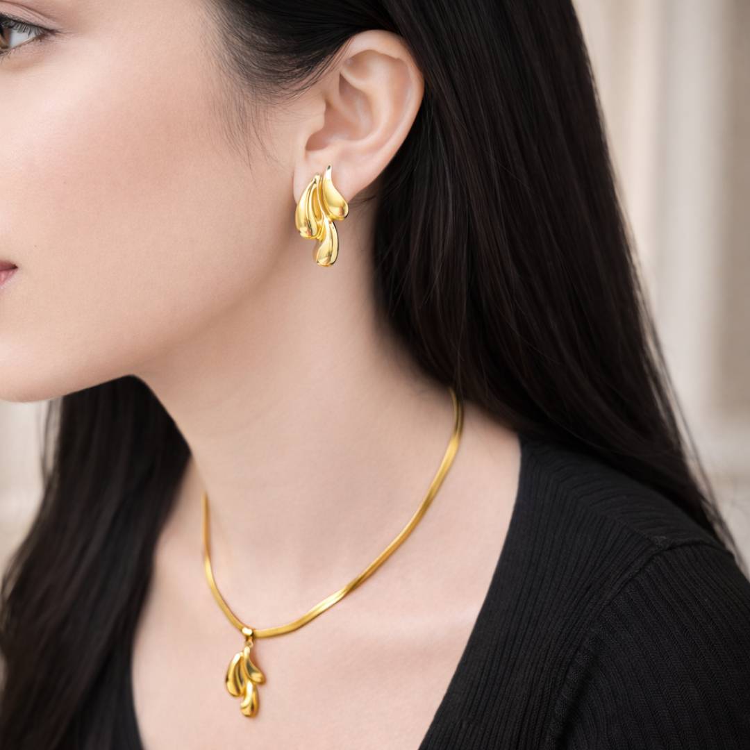 Liquid Gold Drop Anti-Tarnish Pendant Necklace & Stud Earrings Combo – Set of 2