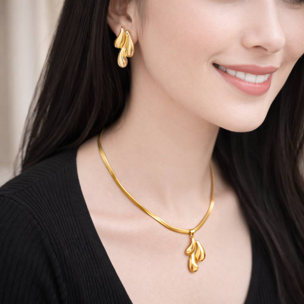 Liquid Gold Drop Anti-Tarnish Pendant Necklace & Stud Earrings Combo – Set of 2