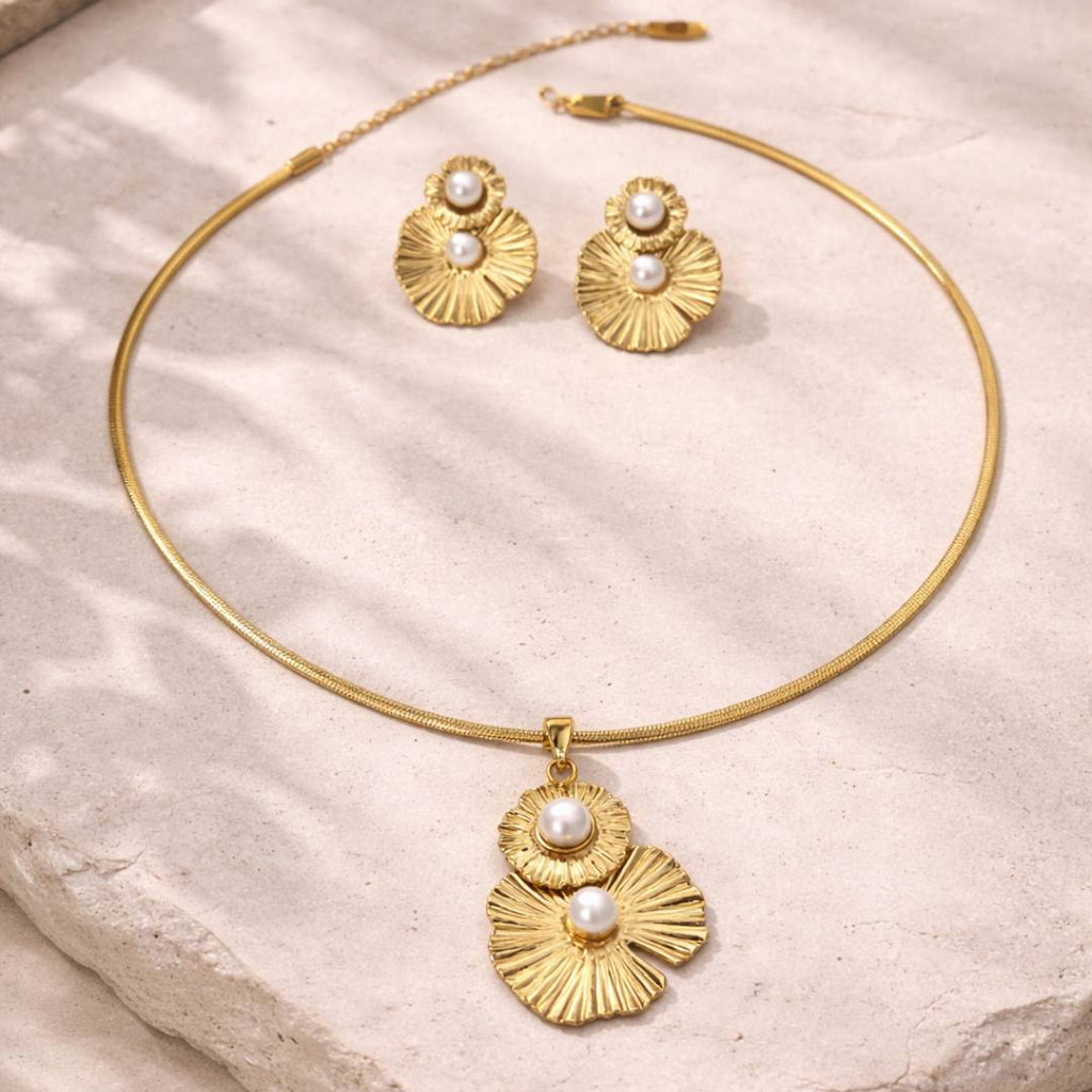 Petal Pearl Anti-Tarnish Pendant Necklace & Stud Earrings Combo – Set of 2
