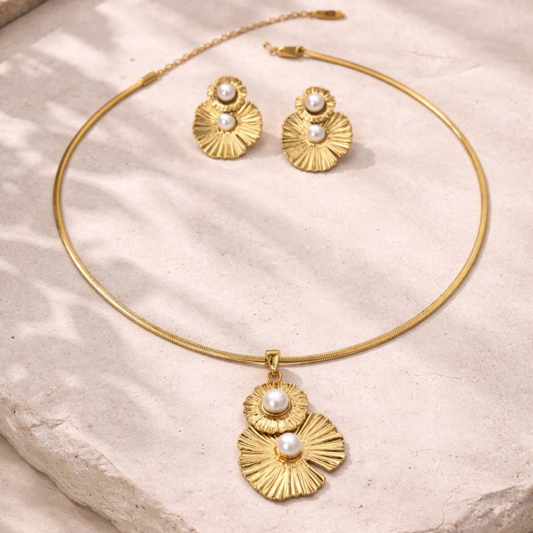 Petal Pearl Anti-Tarnish Pendant Necklace & Stud Earrings Combo – Set of 2