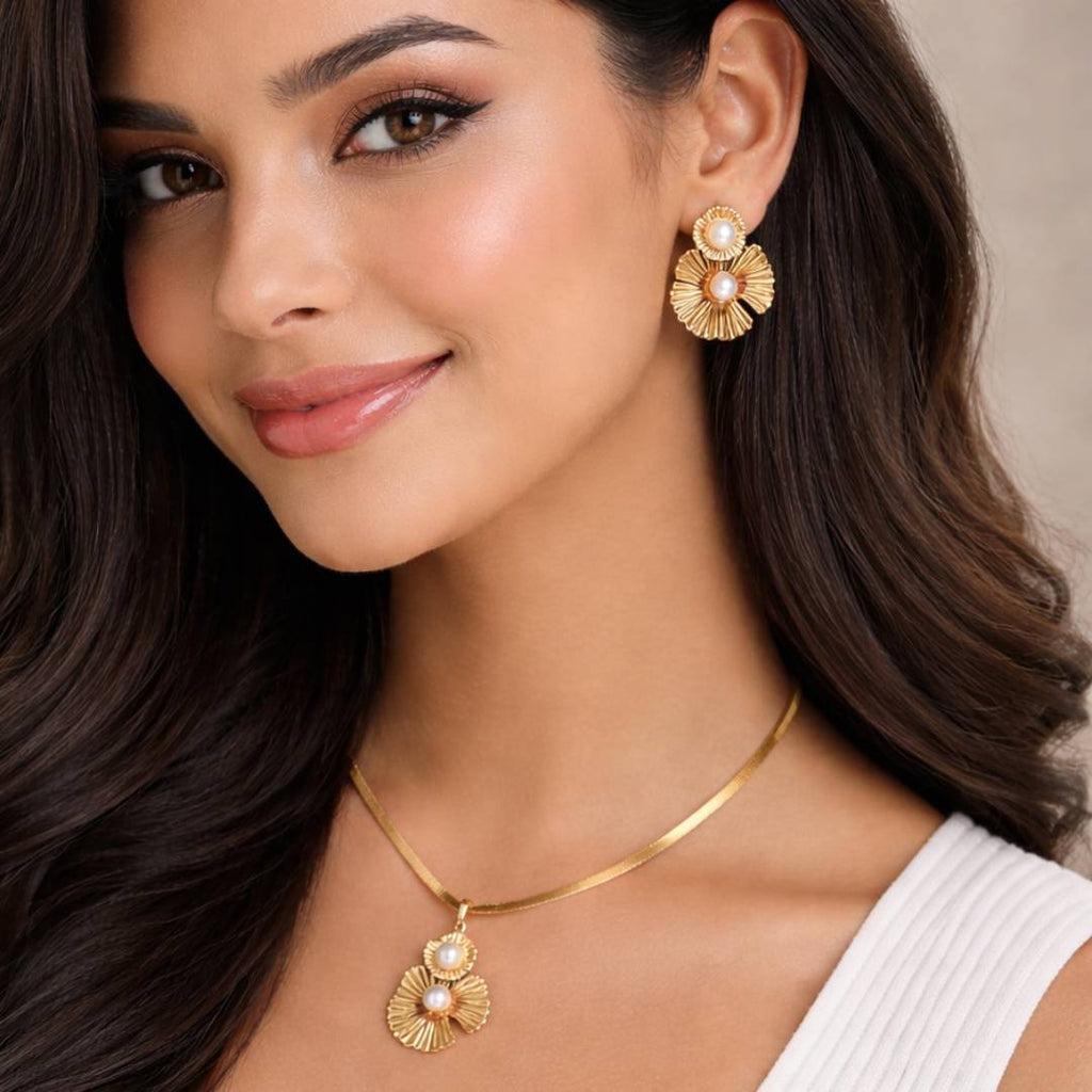 Petal Pearl Anti-Tarnish Pendant Necklace & Stud Earrings Combo – Set of 2