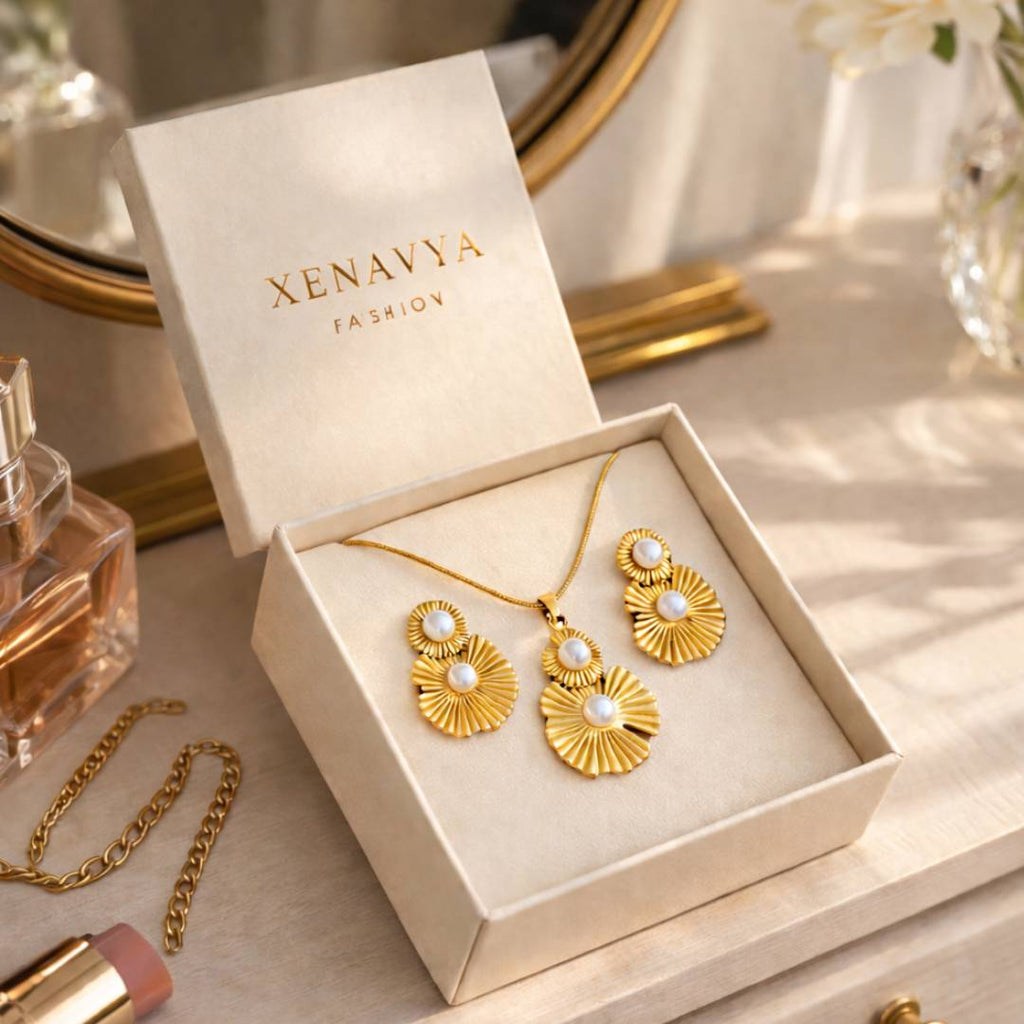 Petal Pearl Anti-Tarnish Pendant Necklace & Stud Earrings Combo – Set of 2