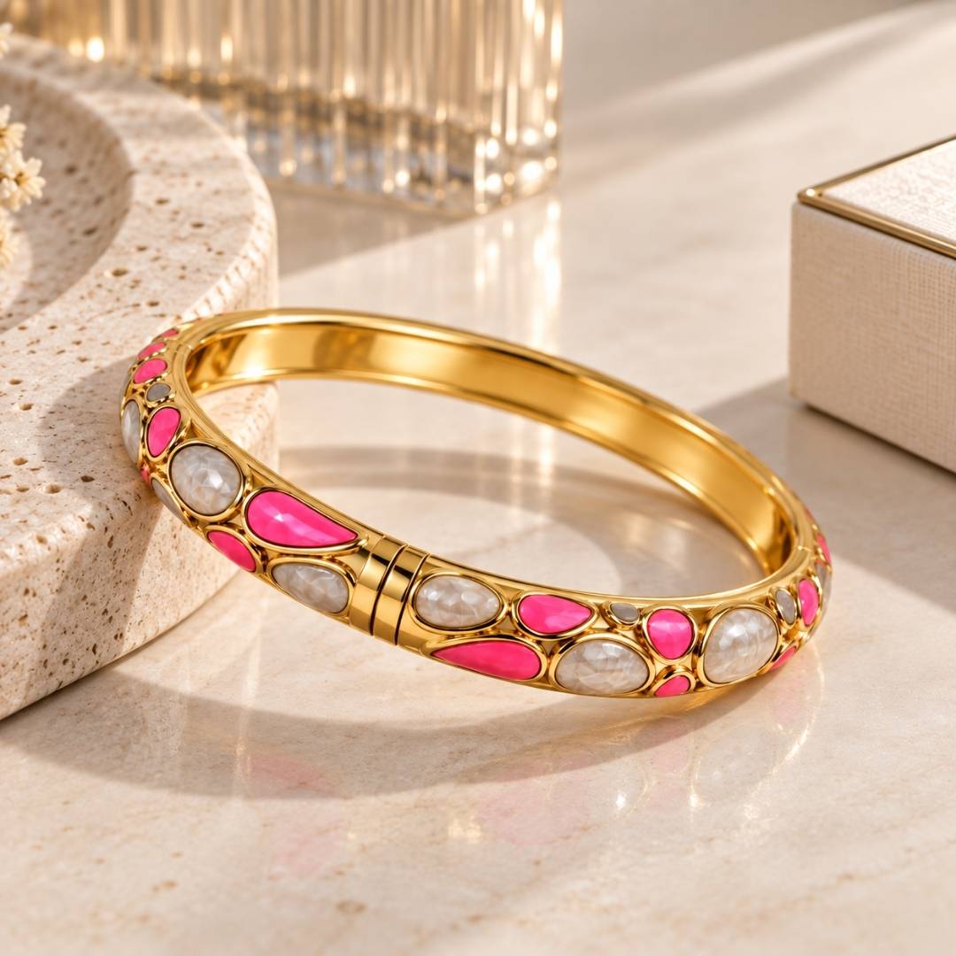 Confetti Luxe Anti-Tarnish Pink & Grey Enamel Gold Bangle – Pack of 1
