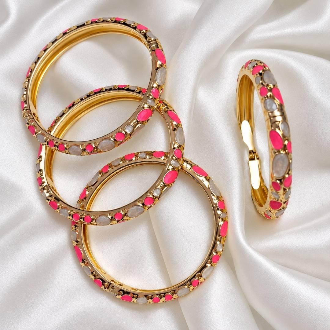 Confetti Luxe Anti-Tarnish Pink & Grey Enamel Gold Bangle – Pack of 1