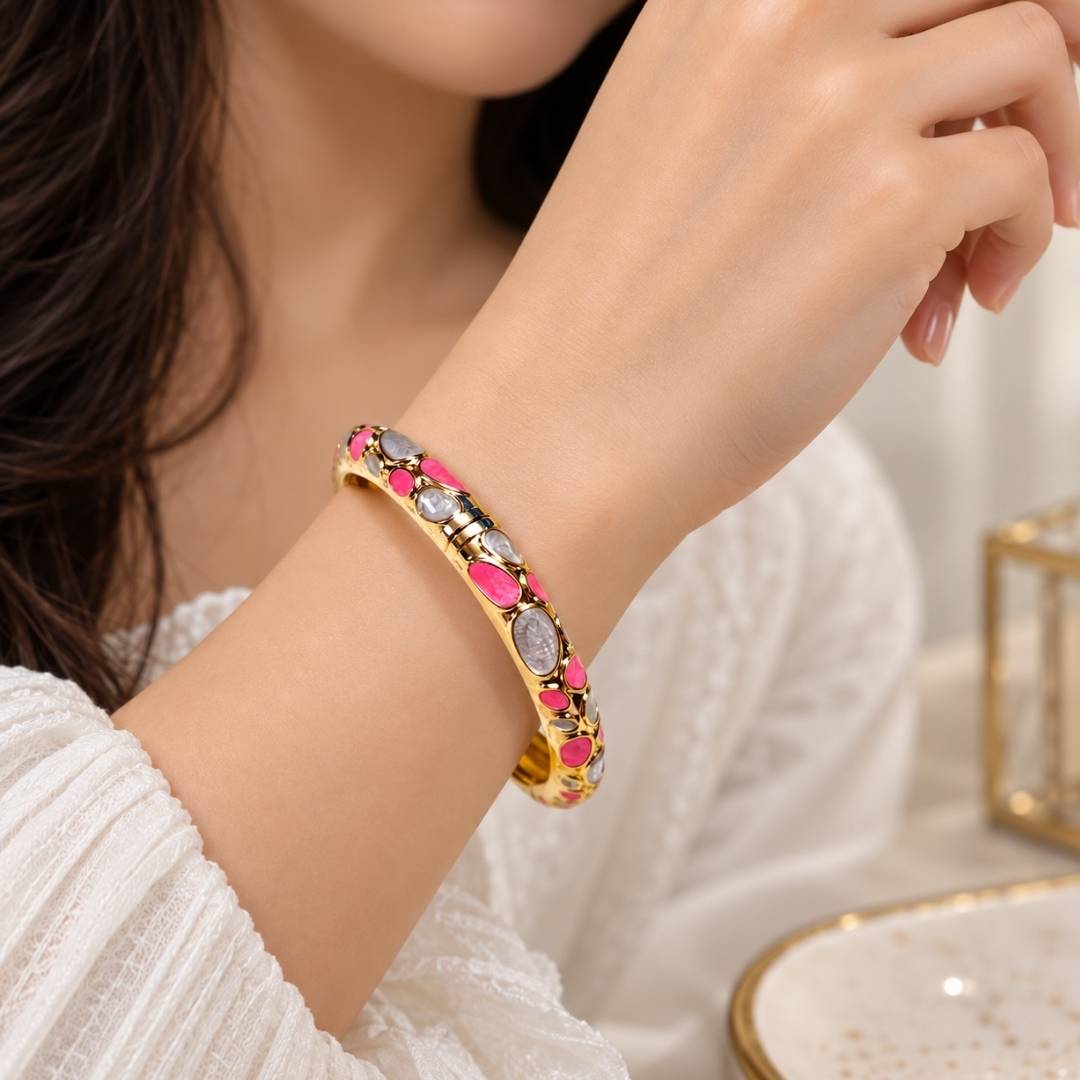 Confetti Luxe Anti-Tarnish Pink & Grey Enamel Gold Bangle – Pack of 1