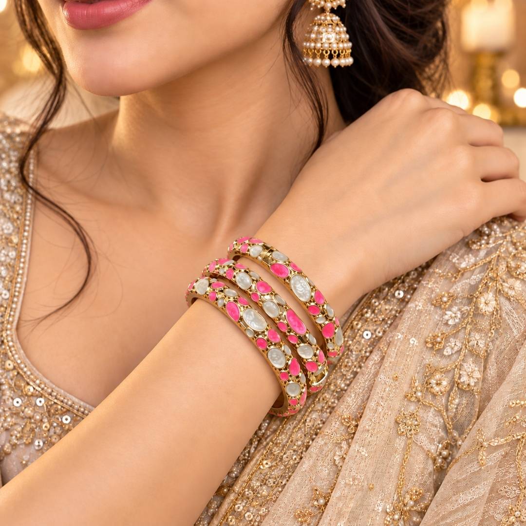 Confetti Luxe Anti-Tarnish Pink & Grey Enamel Gold Bangle – Pack of 1