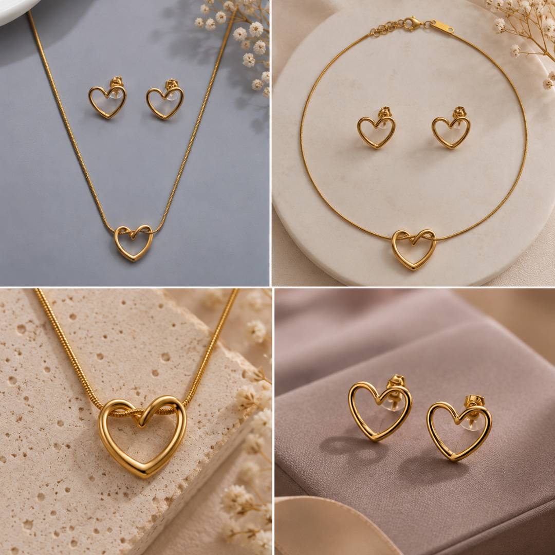 Fluid Heart Anti-Tarnish Pendant & Stud Earrings Combo – Set of 2