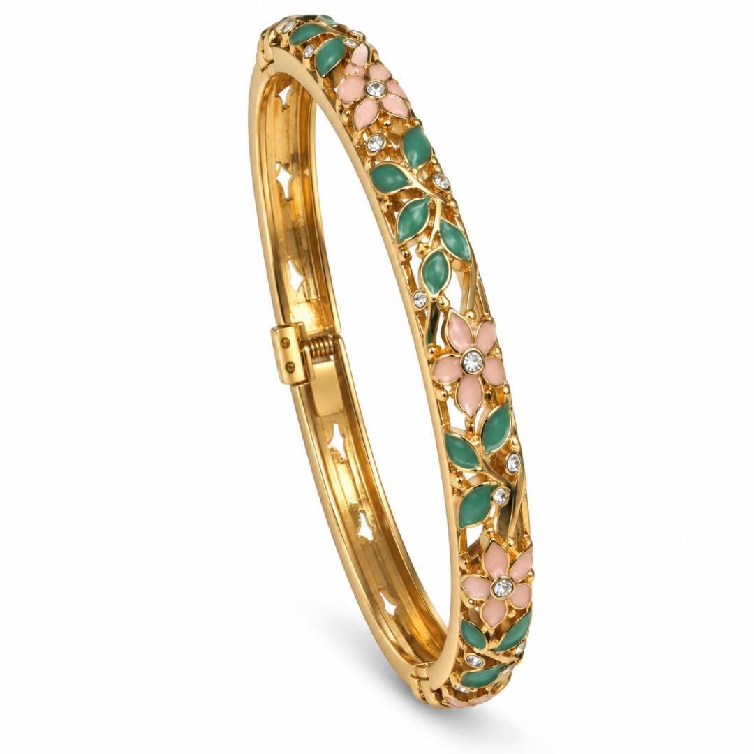Pink & Green Floral Antitarnish Enamel Bangle – Pack of 1