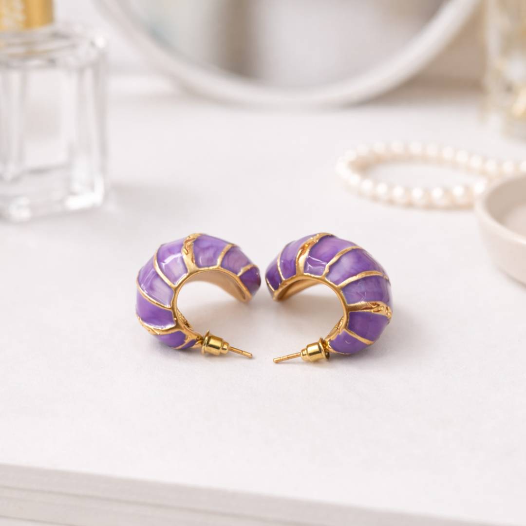 Purple Croissant Enamel Hoop Earrings – Pack of 1  pair