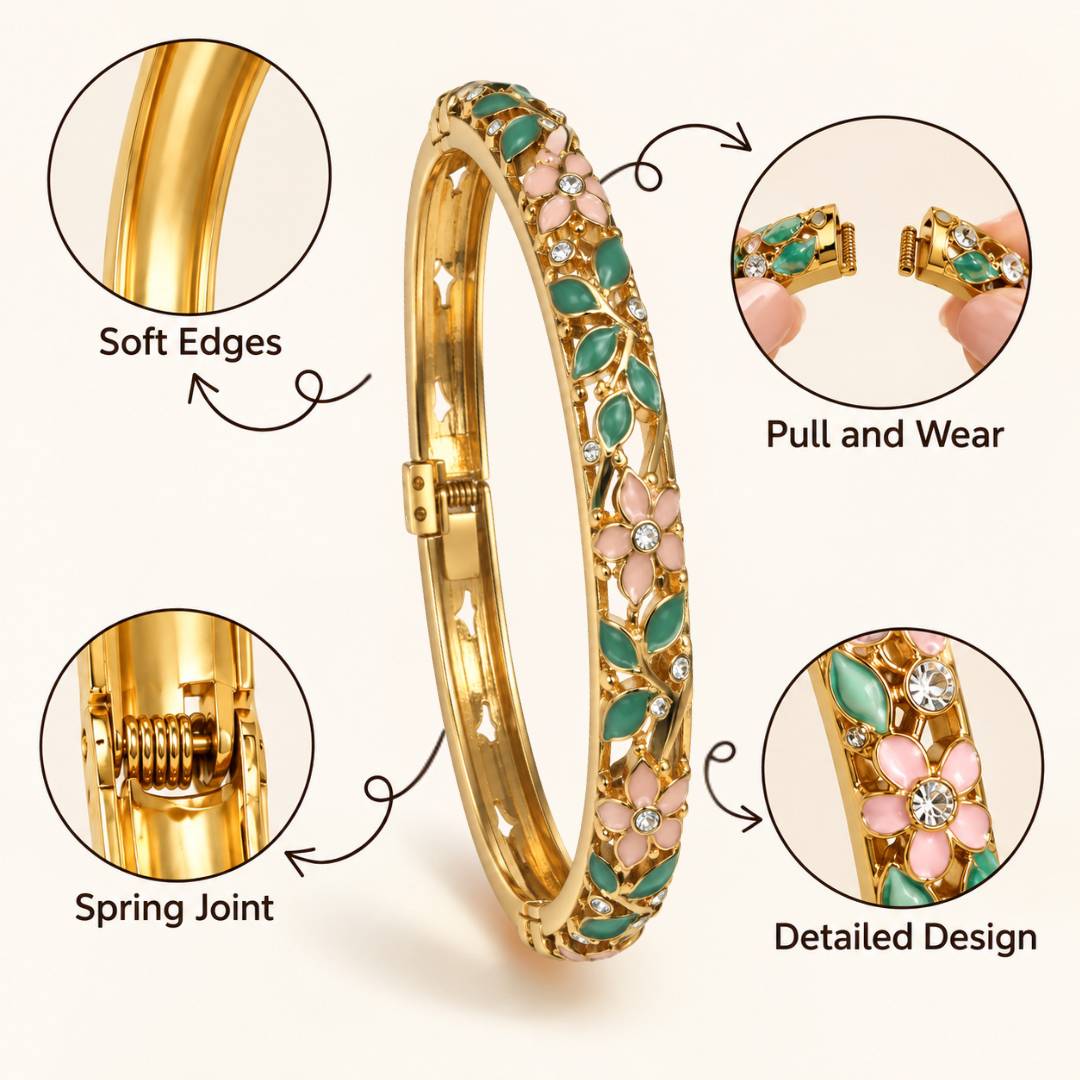 Pink & Green Floral Antitarnish Enamel Bangle – Pack of 1