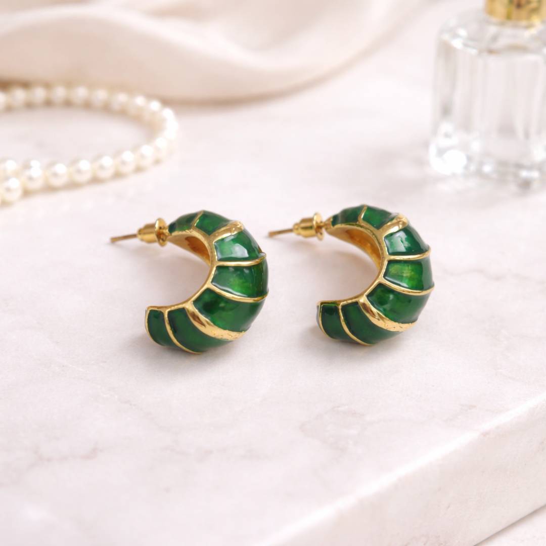 Emarald Green Croissant Enamel Hoop Earrings – Pack of 1  pair
