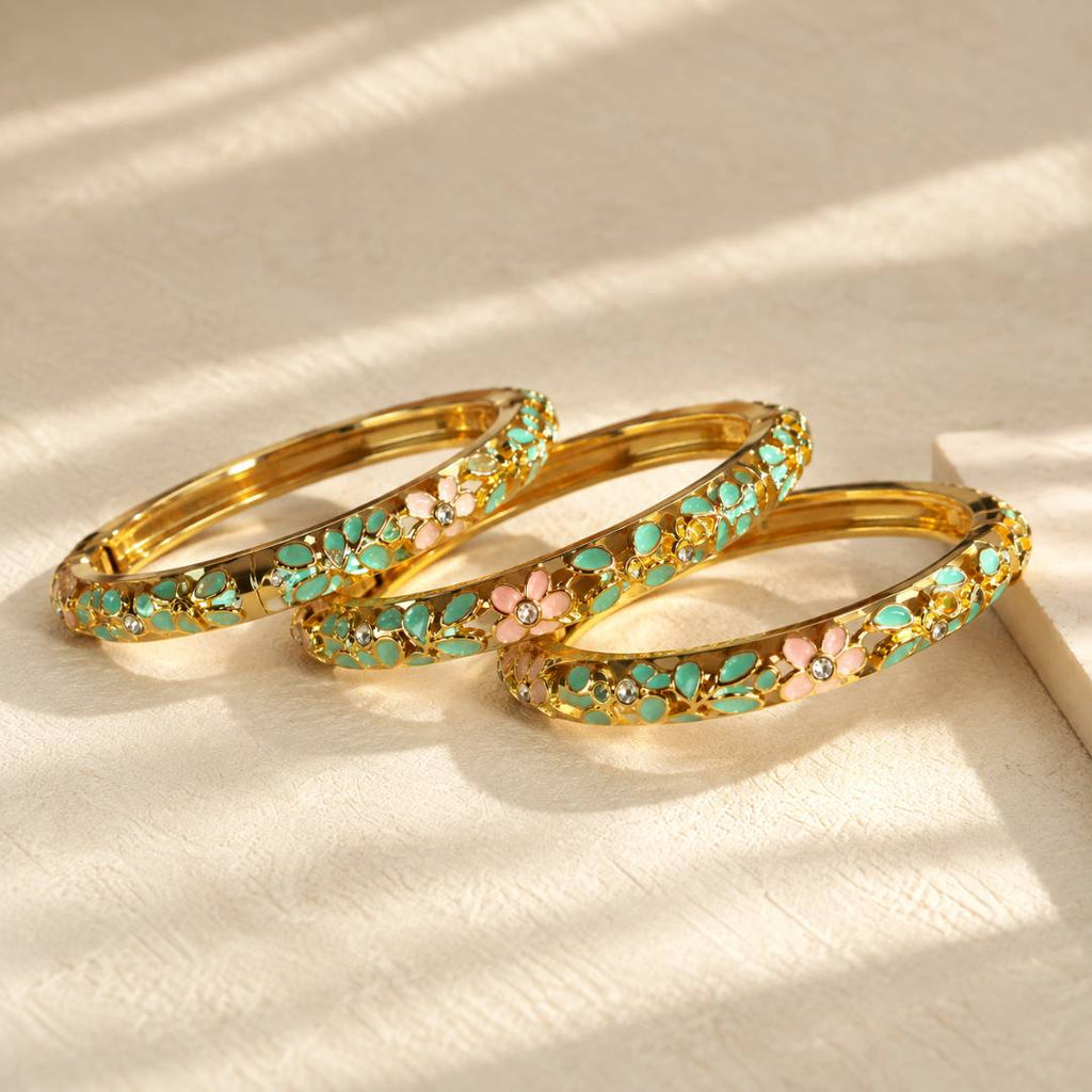 Pink & Green Floral Antitarnish Enamel Bangle – Pack of 1