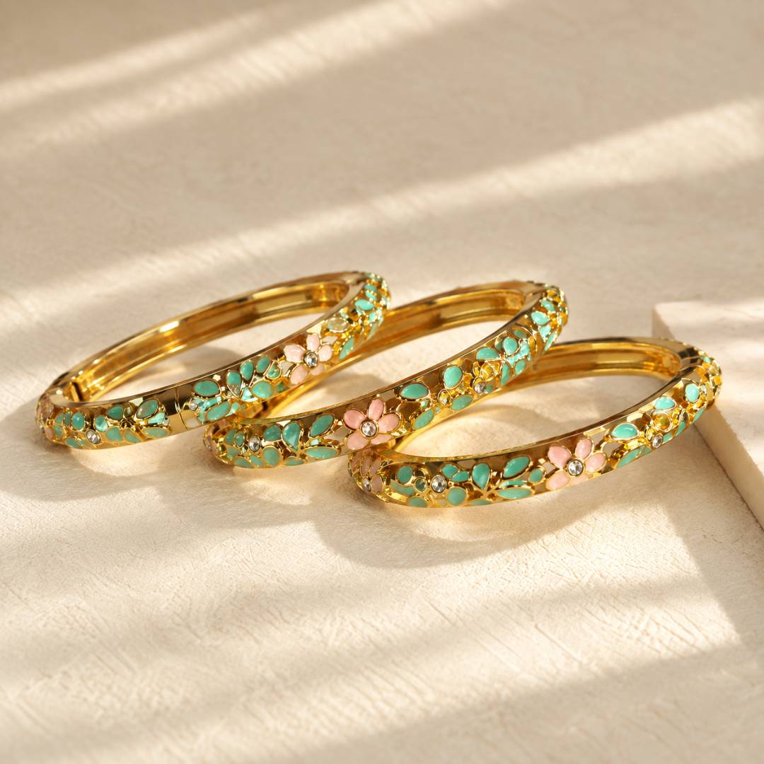 Pink & Green Floral Antitarnish Enamel Bangle – Pack of 1