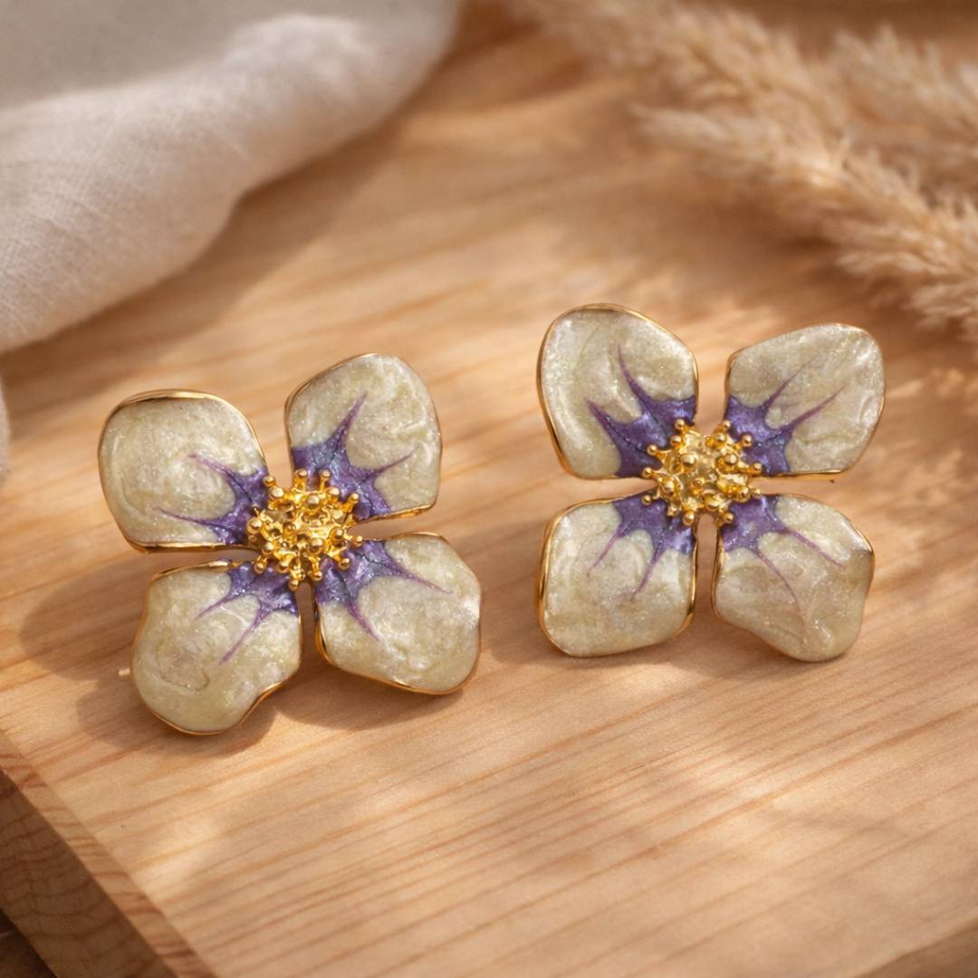 Ivory Bloom Anti-Tarnish Enamel Statement Stud Earrings – Pack of 1 Pair