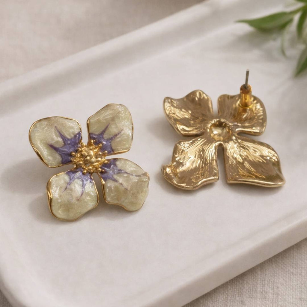 Ivory Bloom Anti-Tarnish Enamel Statement Stud Earrings – Pack of 1 Pair