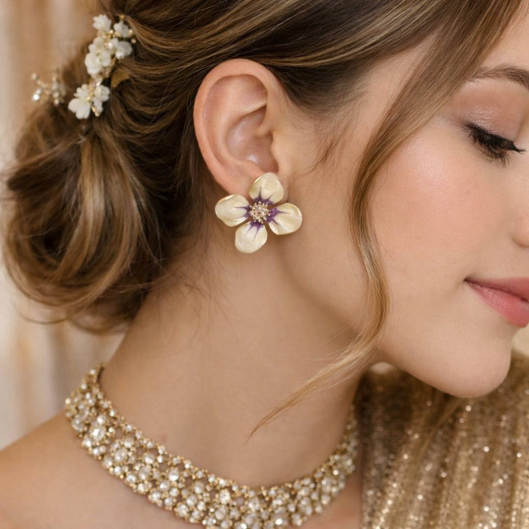 Ivory Bloom Anti-Tarnish Enamel Statement Stud Earrings – Pack of 1 Pair