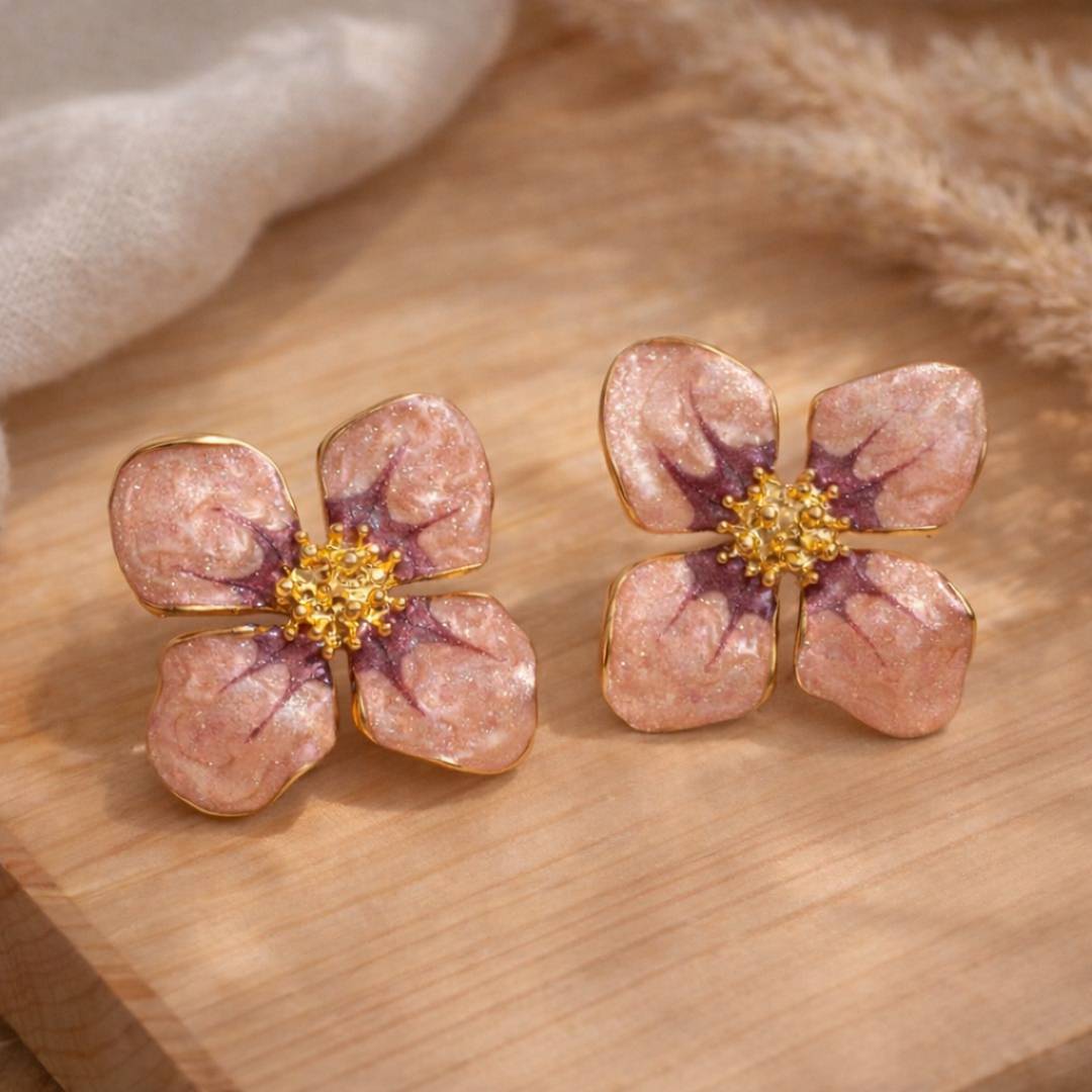 Pink Bloom Anti-Tarnish Enamel Statement Stud Earrings – Pack of 1 Pair