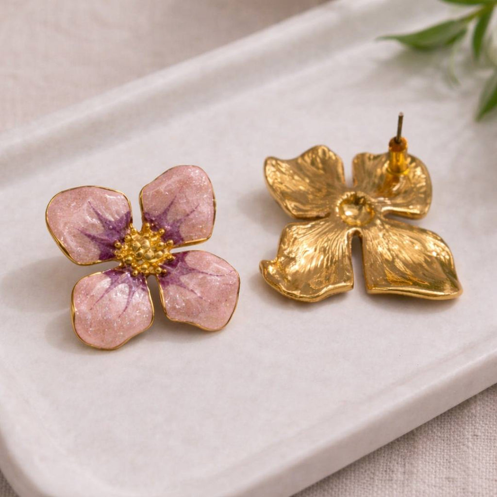 Pink Bloom Anti-Tarnish Enamel Statement Stud Earrings – Pack of 1 Pair