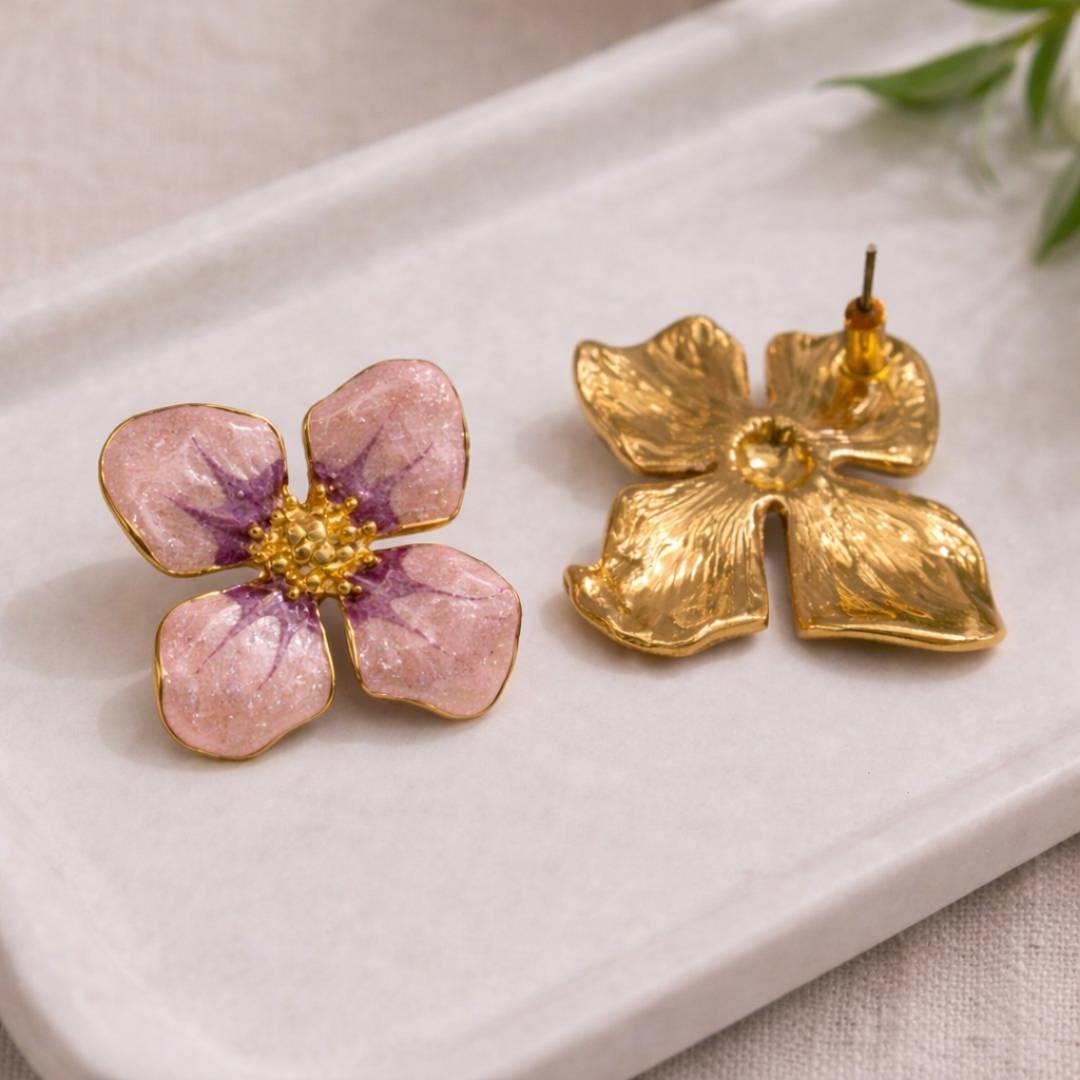 Pink Bloom Anti-Tarnish Enamel Statement Stud Earrings – Pack of 1 Pair