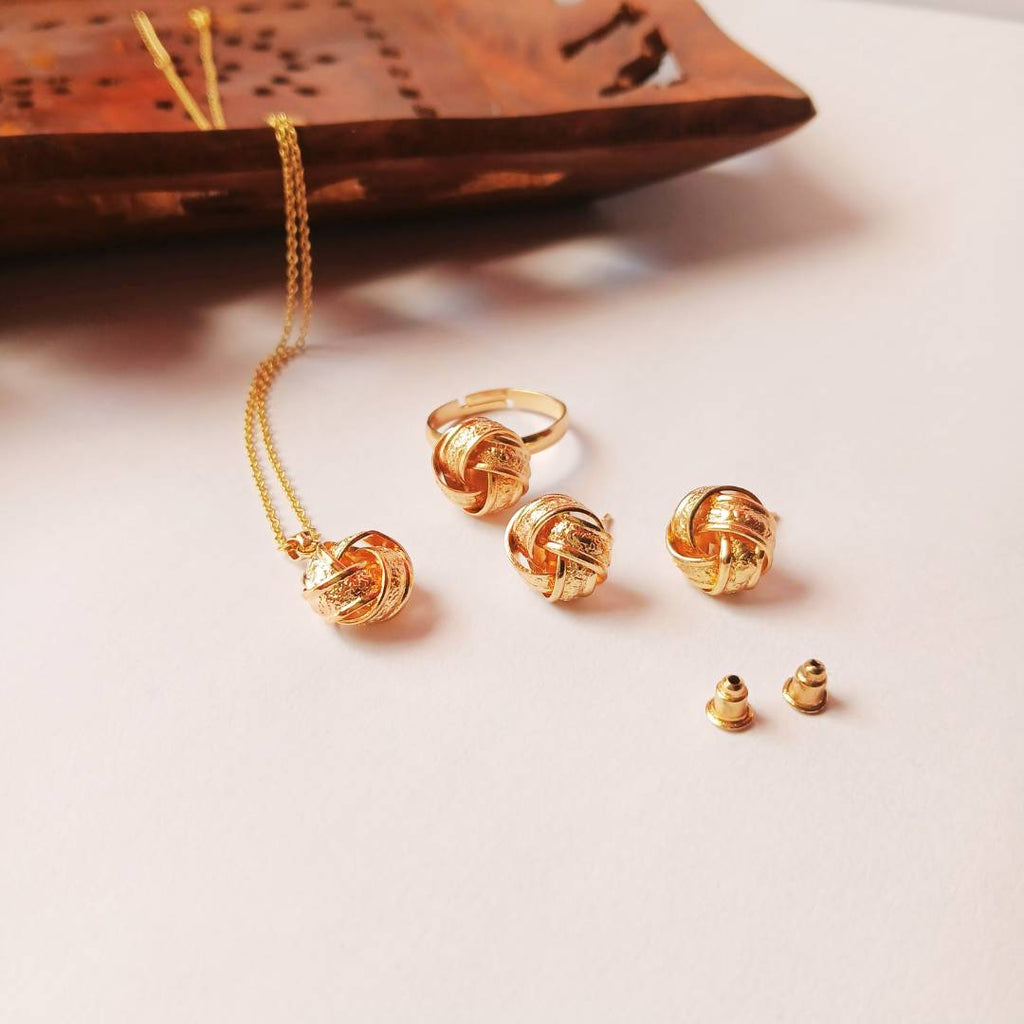 Golden Braided Knot Pendant, Stud Earrings & Ring Combo – Set of 3