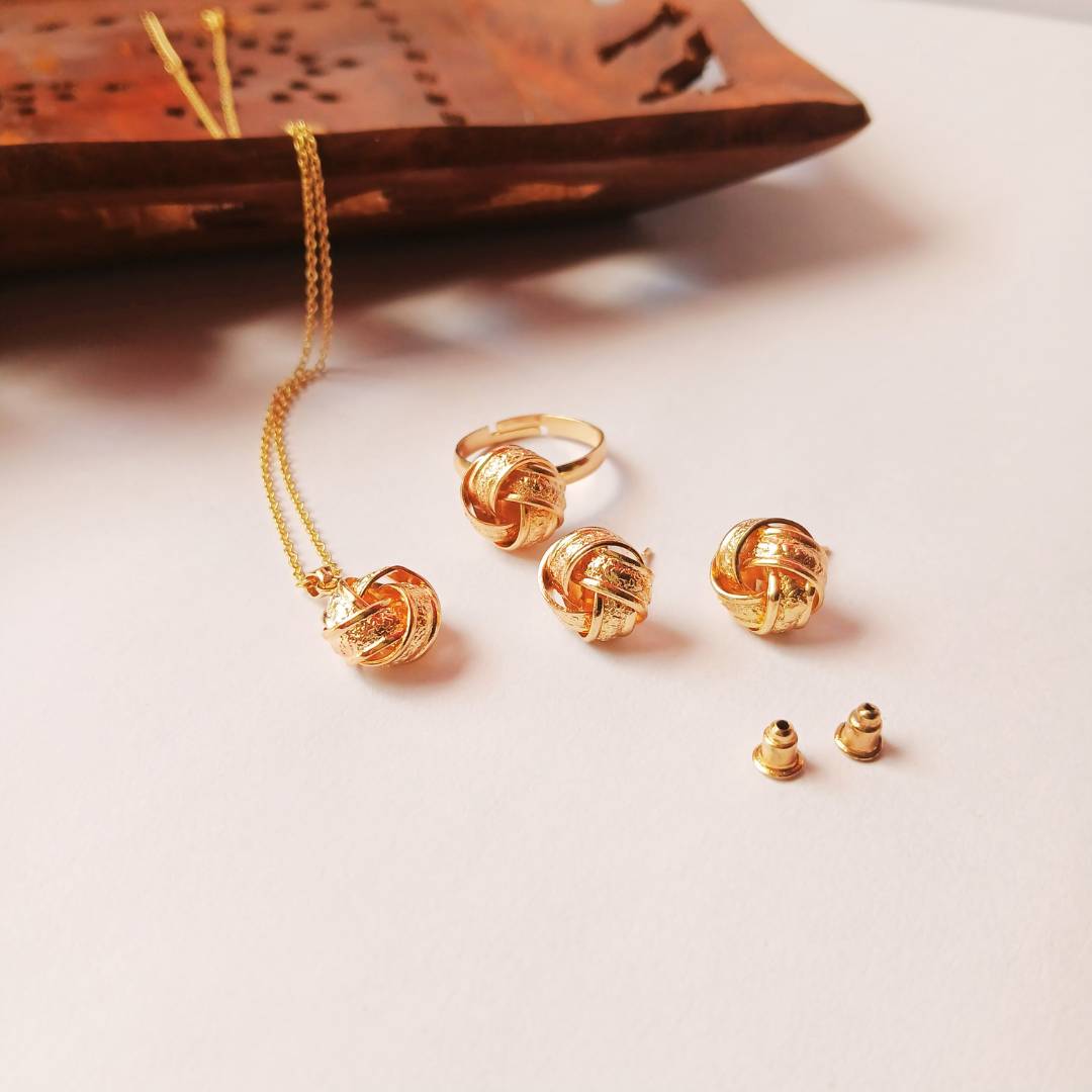Golden Braided Knot Pendant, Stud Earrings & Ring Combo – Set of 3