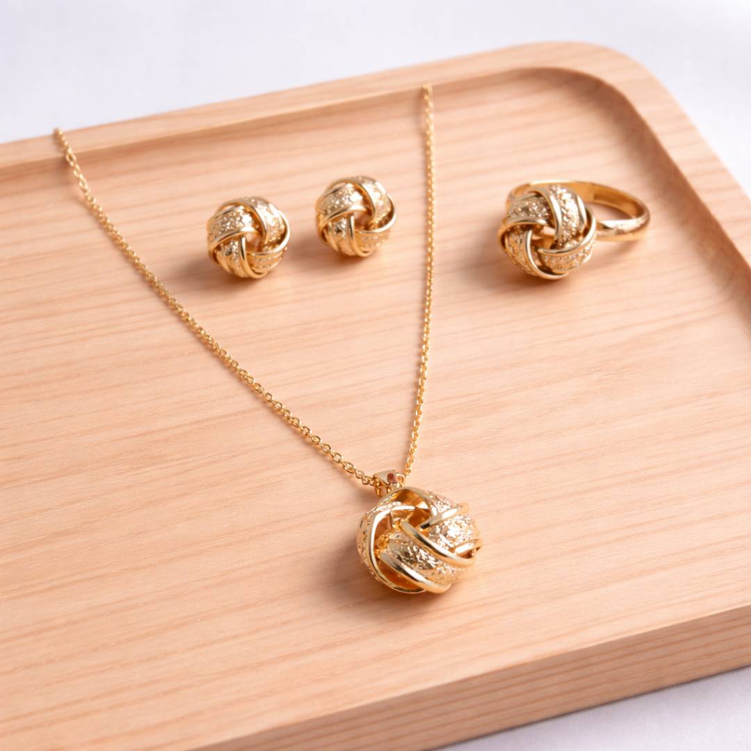 Golden Braided Knot Pendant, Stud Earrings & Ring Combo – Set of 3