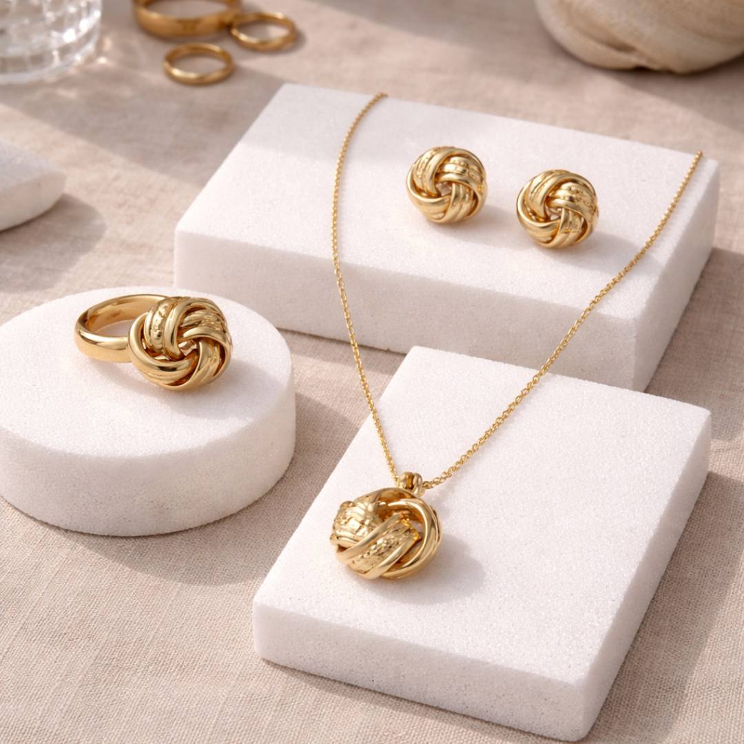 Golden Braided Knot Pendant, Stud Earrings & Ring Combo – Set of 3