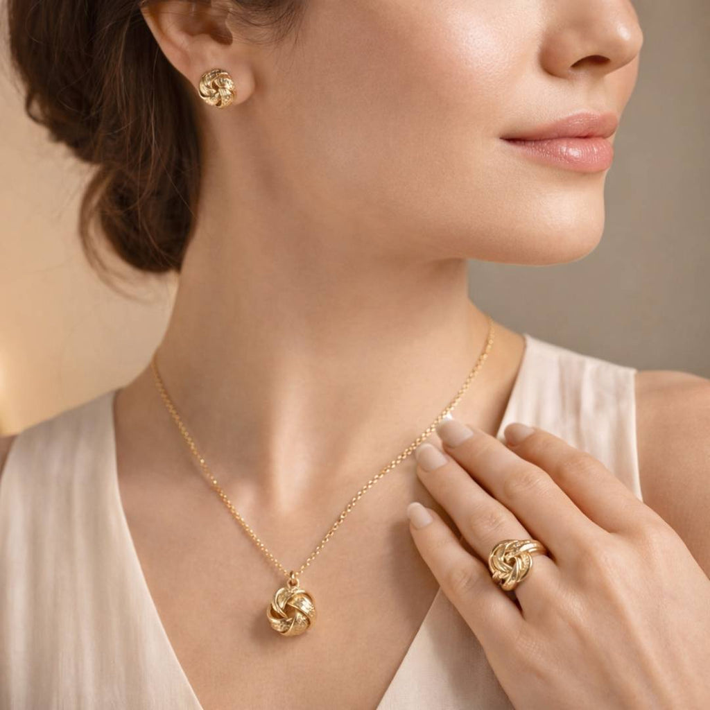 Golden Braided Knot Pendant, Stud Earrings & Ring Combo – Set of 3