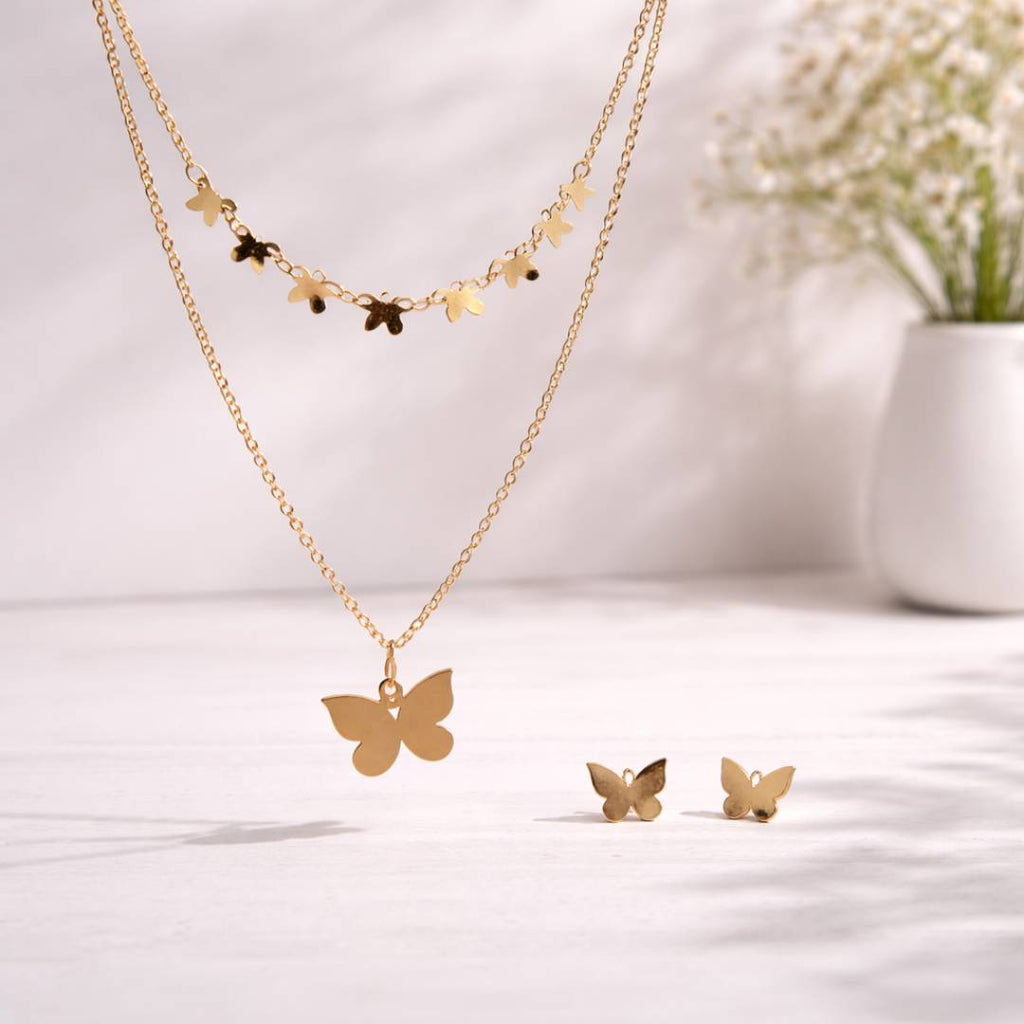 Butterfly Anti-Tarnish Layered Necklace & Stud Earrings Combo for Women – Set of 2