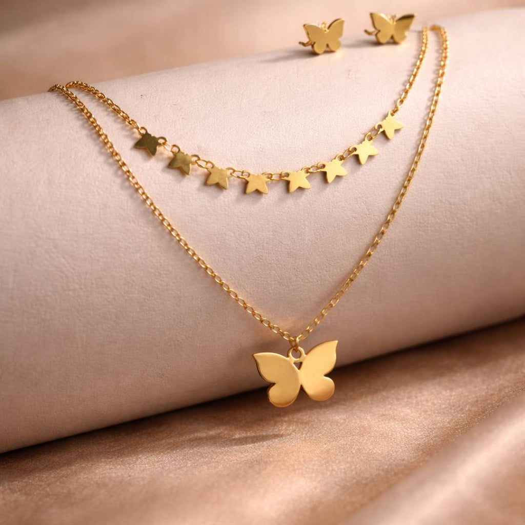 Butterfly Anti-Tarnish Layered Necklace & Stud Earrings Combo for Women – Set of 2