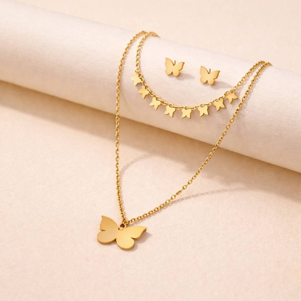 Butterfly Anti-Tarnish Layered Necklace & Stud Earrings Combo for Women – Set of 2