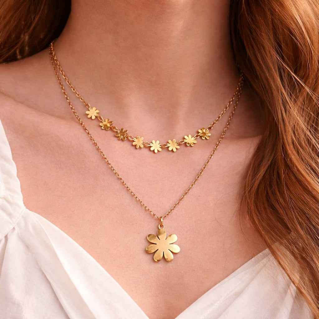 Daisy Anti-Tarnish Layered Necklace & Stud Earrings Combo for Women – Set of 2