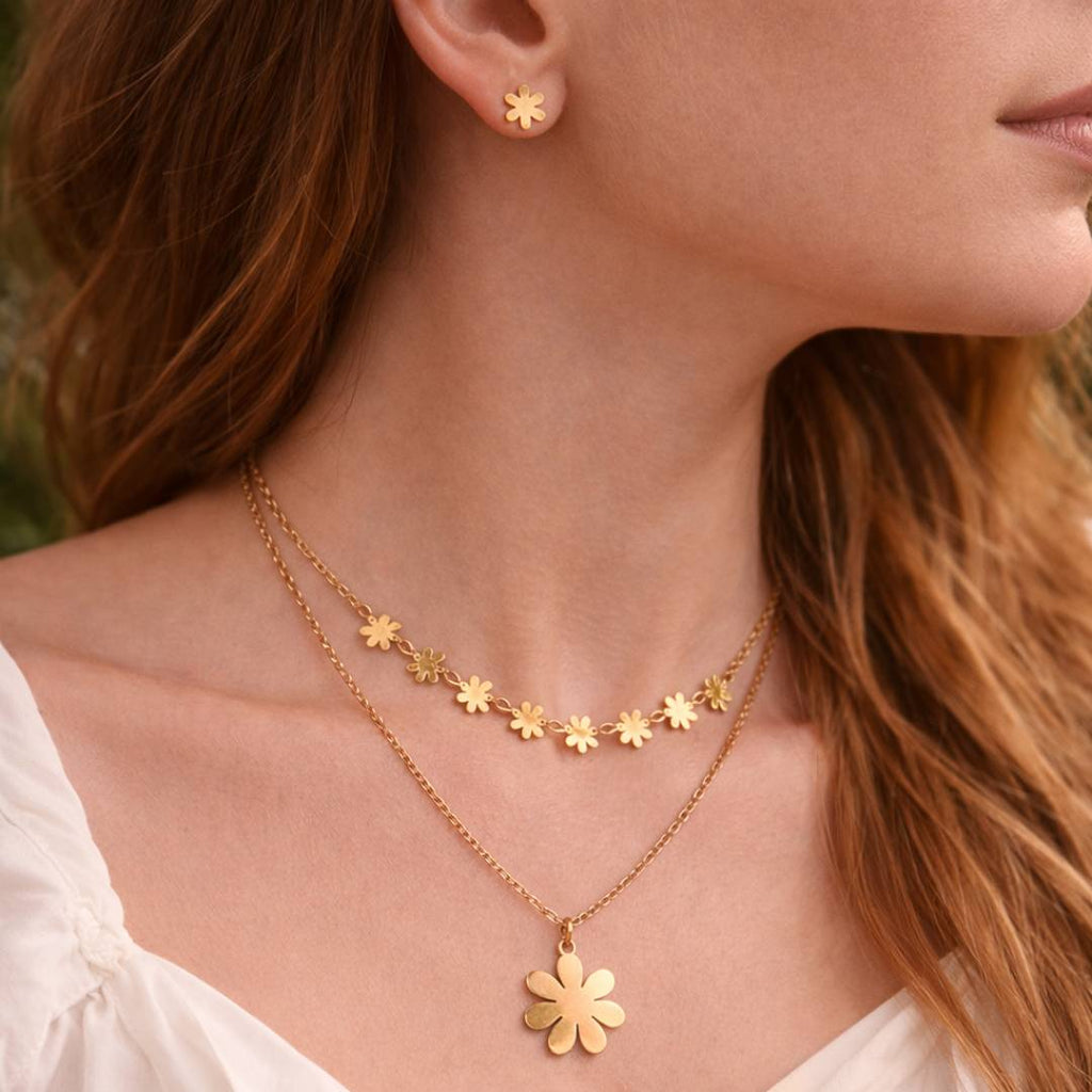 Daisy Anti-Tarnish Layered Necklace & Stud Earrings Combo for Women – Set of 2