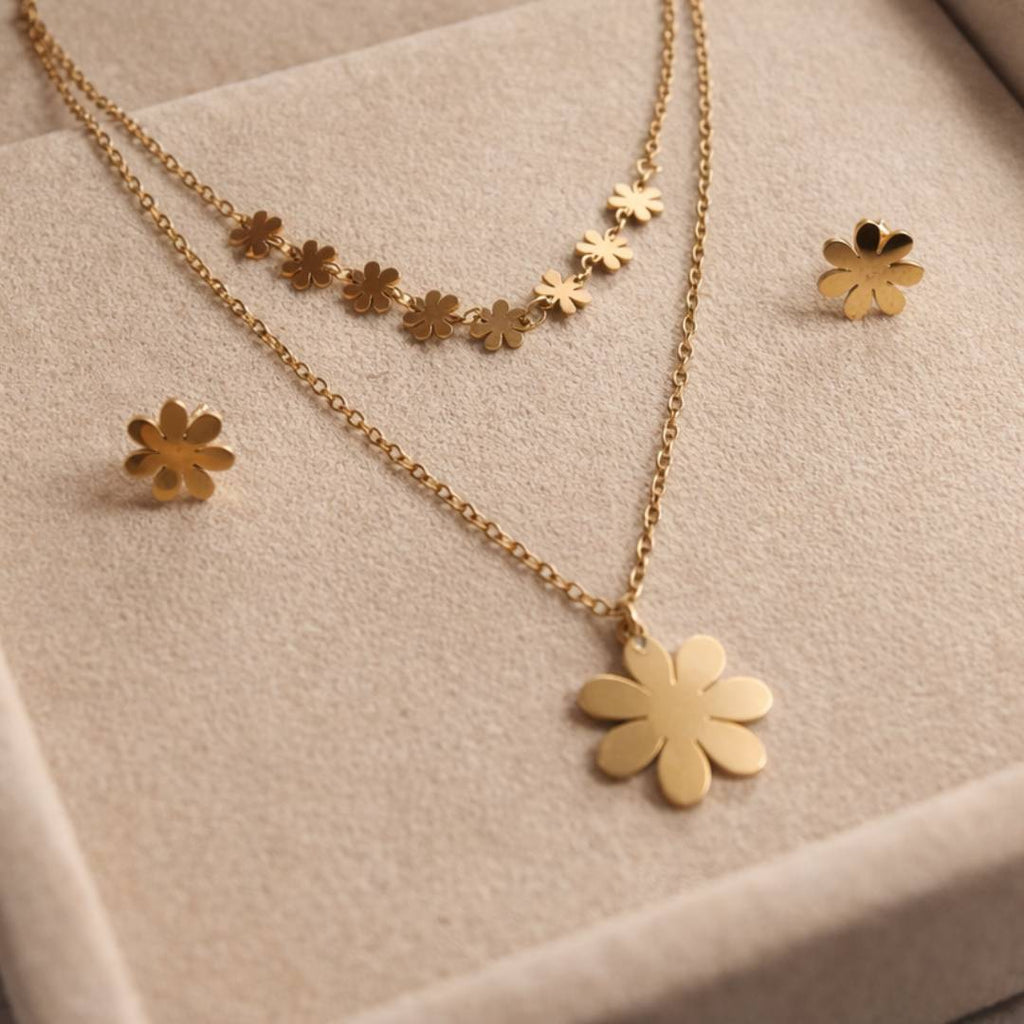 Daisy Anti-Tarnish Layered Necklace & Stud Earrings Combo for Women – Set of 2