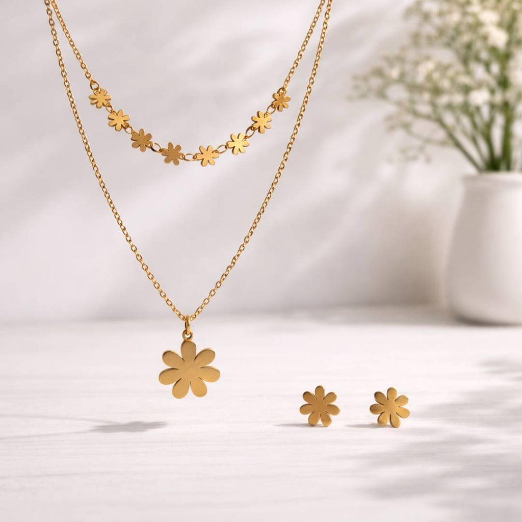 Daisy Anti-Tarnish Layered Necklace & Stud Earrings Combo for Women – Set of 2